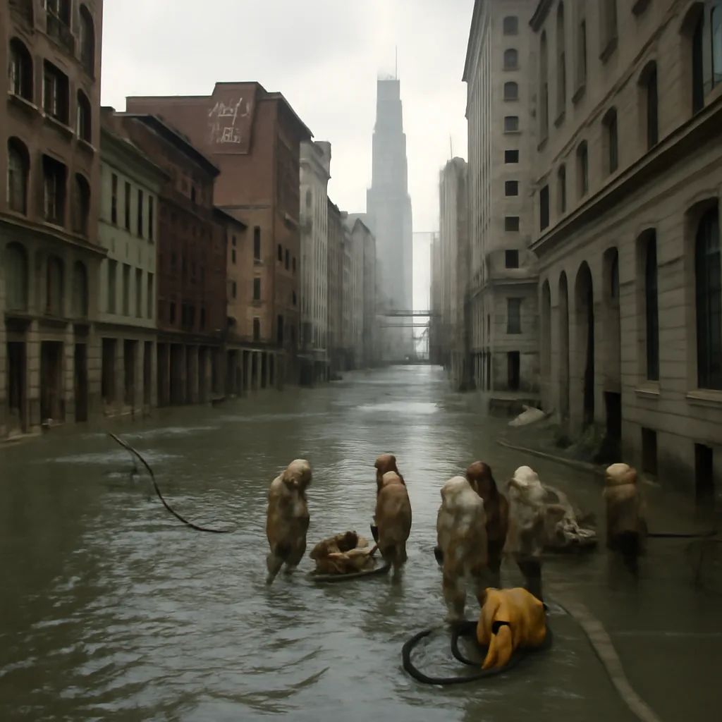 View of a downtown Chicago street with water flowing at basement-level entrances and temporary pumps and hoses leading into flooded building subbasements; no identifiable faces.