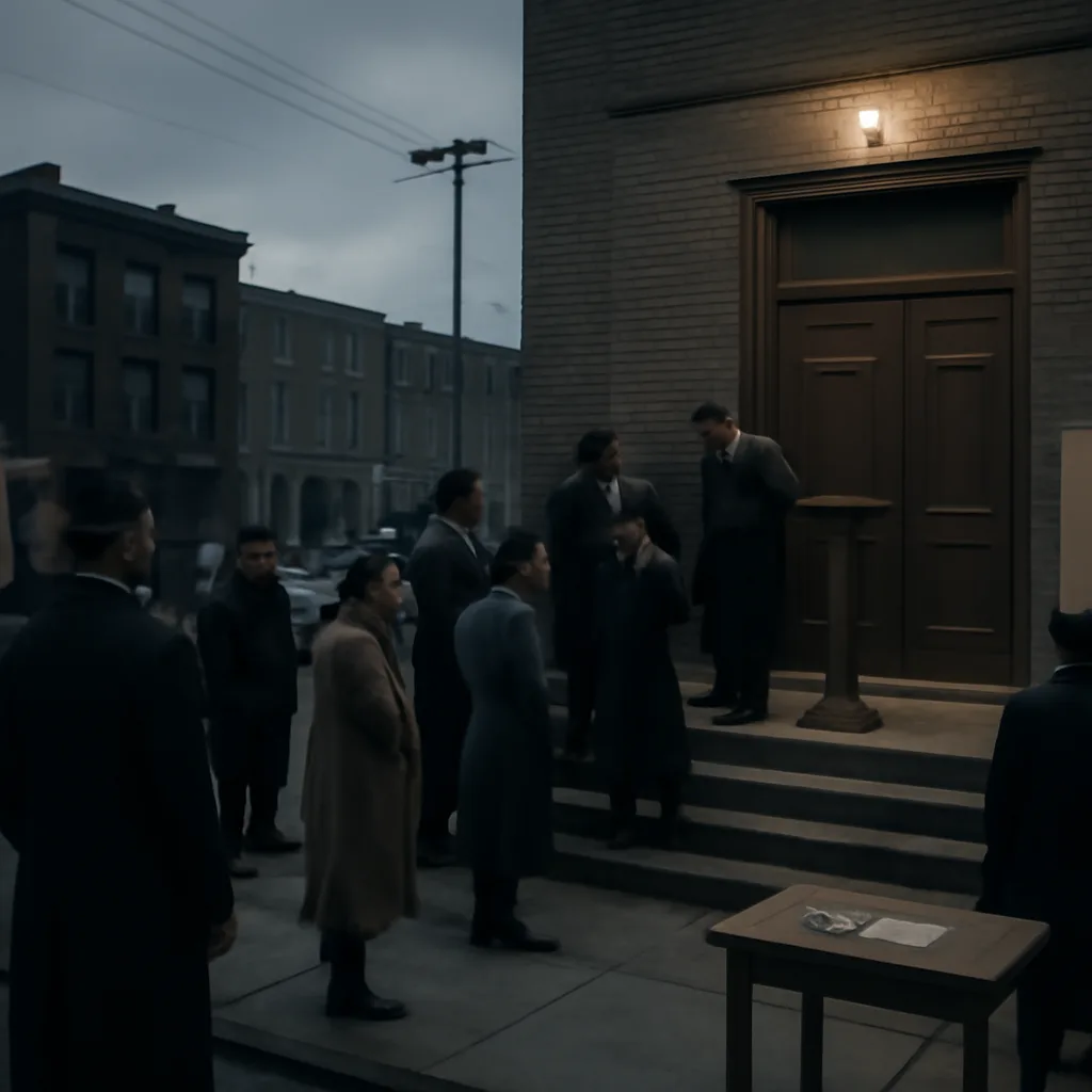 A mid-20th-century crowd gathered outside a modest meeting hall, with pamphlets and a simple lectern visible, reflecting a public religious gathering in the early 1950s.