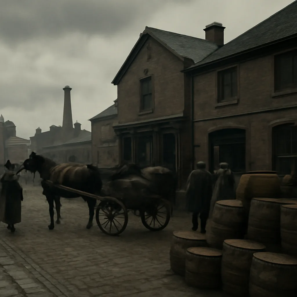 Historic street scene outside a 19th-century distillery or tavern with barrels and crates stacked on the curb; people in period clothing clustered nearby, no identifiable faces.