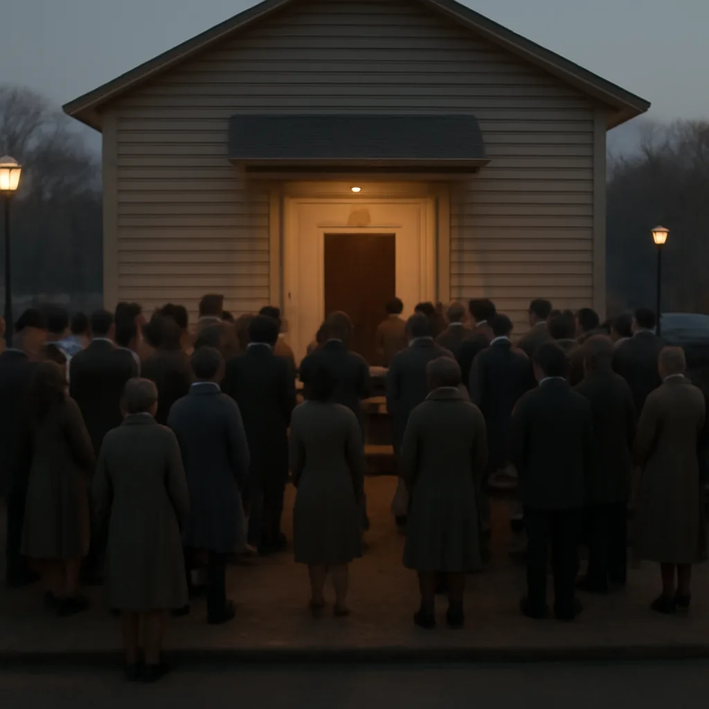 A mid-20th-century street scene outside a small meeting hall with a modest crowd gathered, period clothing from the early 1950s, and simple signage indicating a public meeting; atmosphere tense but orderly.