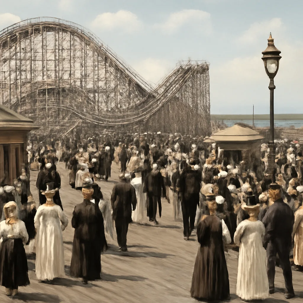 Early 20th-century wooden roller coaster structure at a coastal trolley park with open cars on elevated track and crowds on nearby boardwalks.