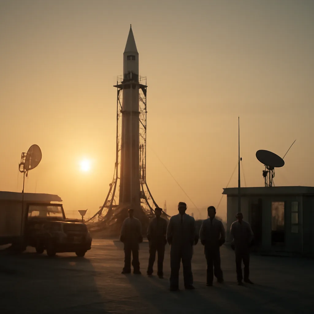 A 1950s-era rocket on a coastal launch pad at dawn with technicians and simple tracking antennas in the background; vintage vehicles and utilitarian equipment indicate early spaceflight operations.