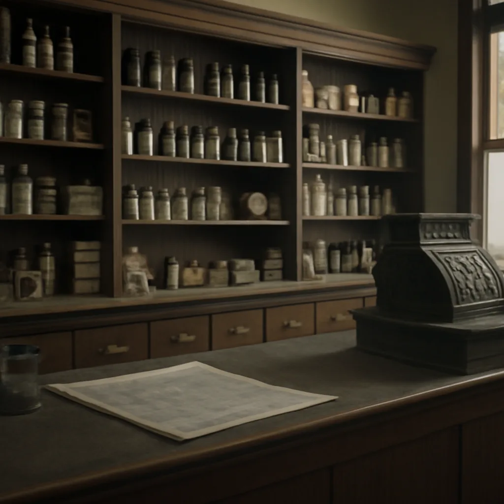1930s-era pharmacy interior with shelves of unlabeled bottles and newspapers on a counter announcing a public health warning; no identifiable faces.