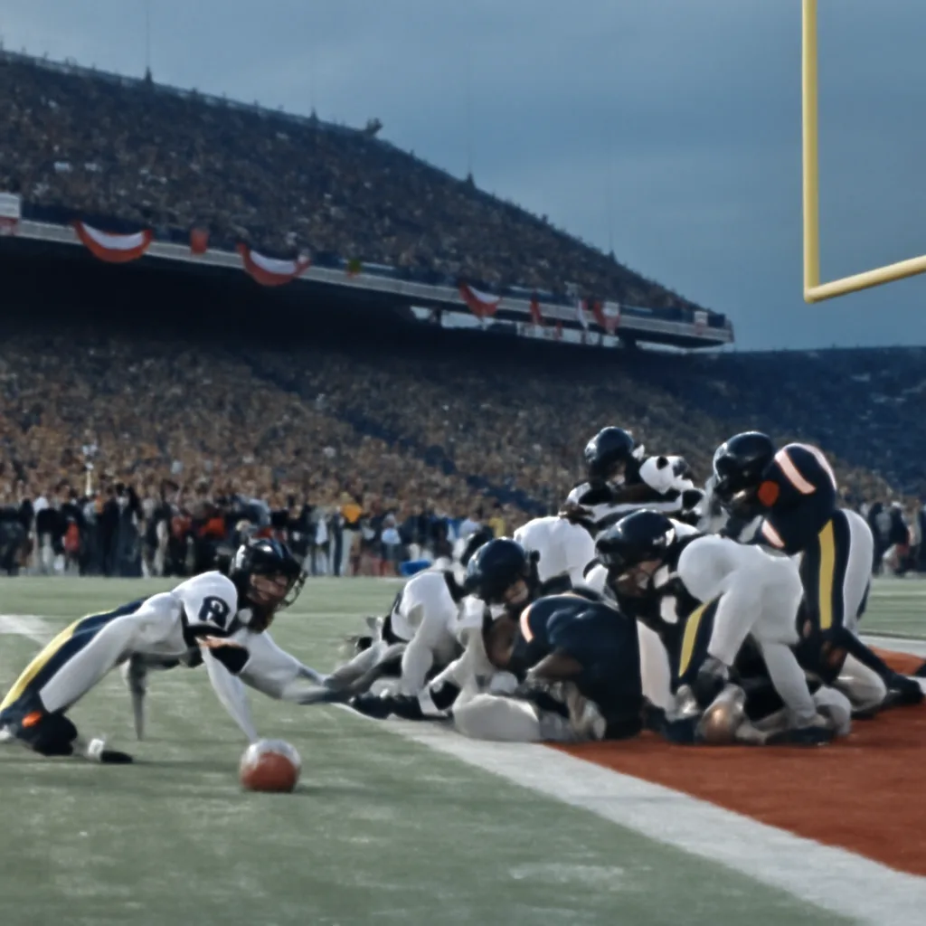 Cleveland Stadium field during a late-1980s playoff game, showing players clustered near the goal line with a fumble recovery in progress; snowy or cold late-January conditions implied.
