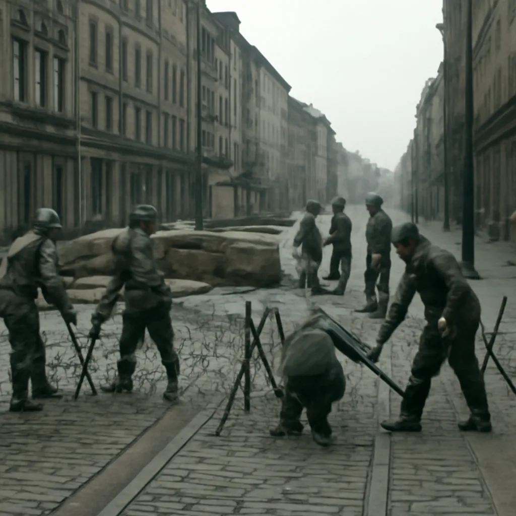 Workers and police erecting barbed wire and barricades along a street between East and West Berlin in August 1961, with nearby buildings, streetlamps and a few civilians observing at a distance.