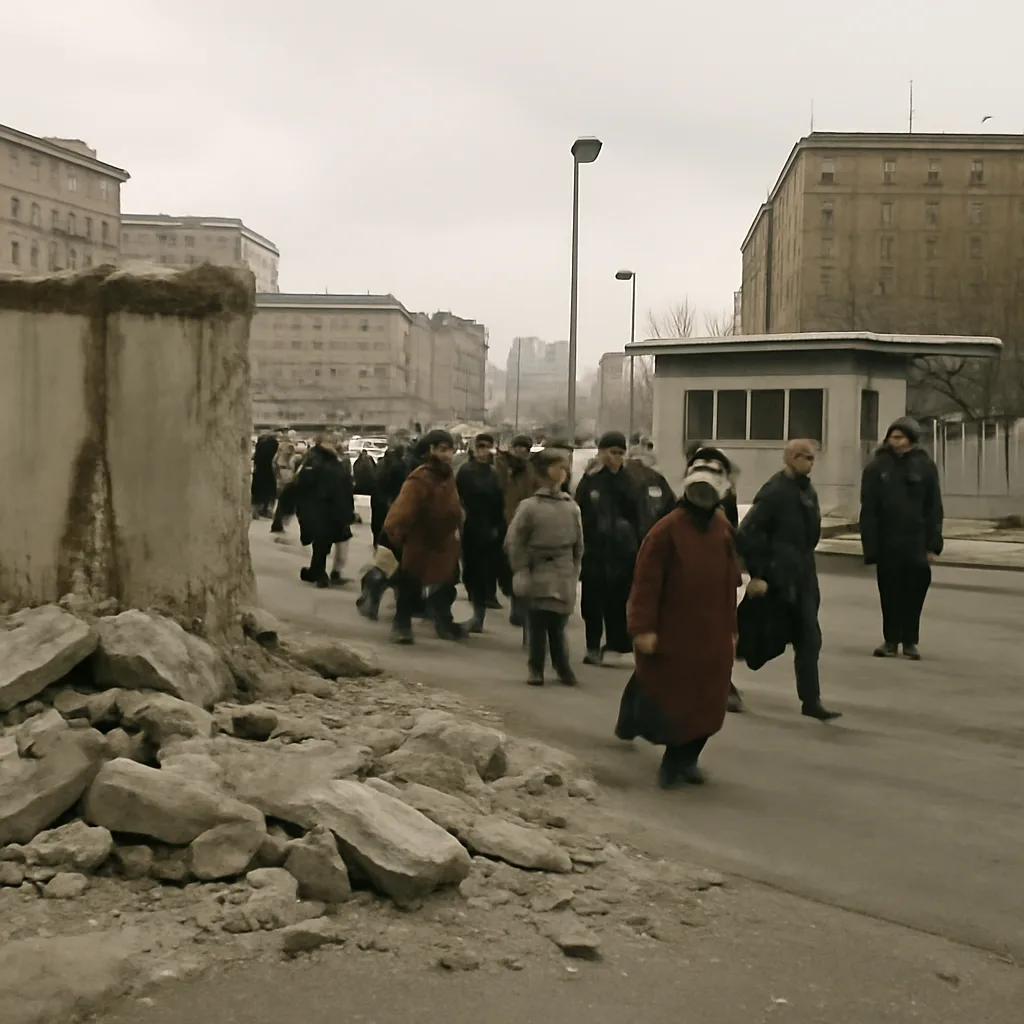 A wide view of the Berlin Wall area in late 1989 showing a partially dismantled concrete barrier, open crossing points with people walking between East and West, and nearby city buildings under winter light.