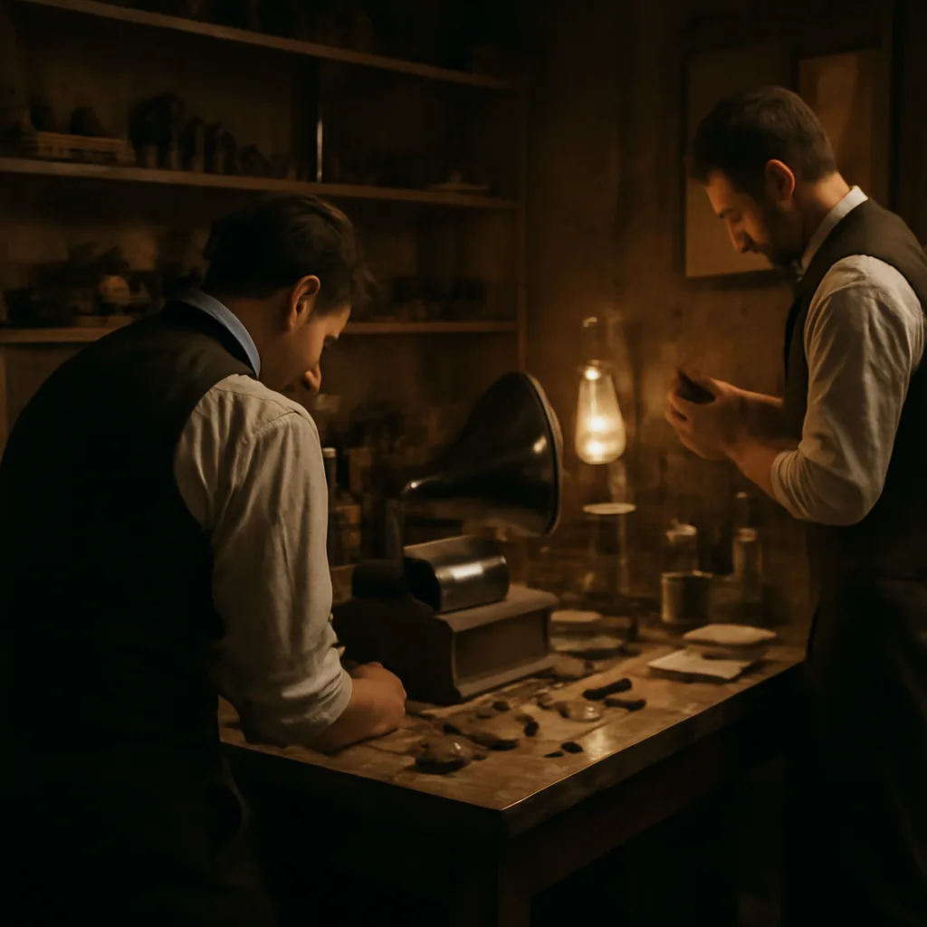 Late 19th-century workshop scene showing a table with an early phonograph cylinder device, tools, and wax cylinders; men in period work clothes examine the apparatus.
