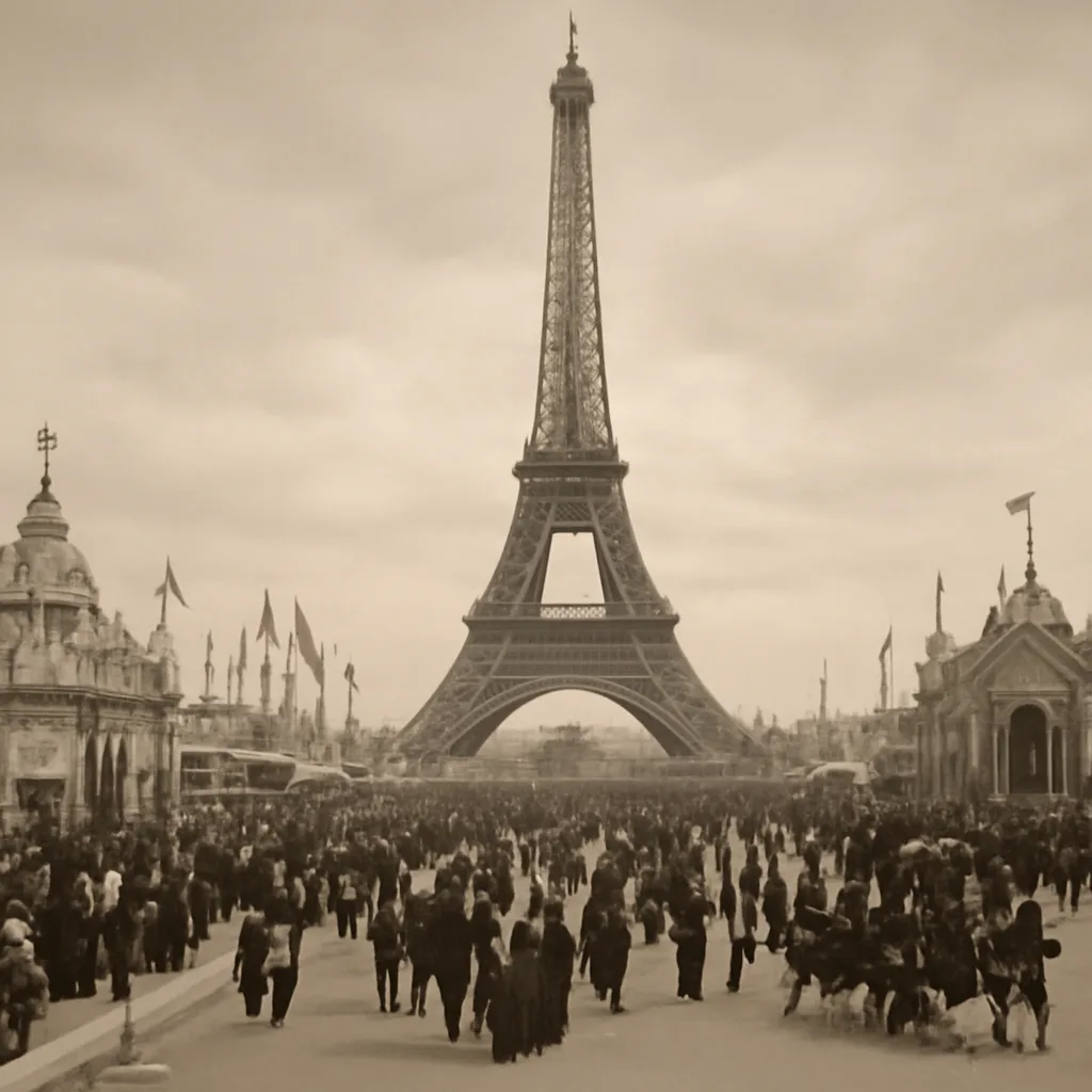The newly completed iron lattice Eiffel Tower rising over late 19th-century Paris, viewed from a distance with crowds and temporary exposition structures at its base.