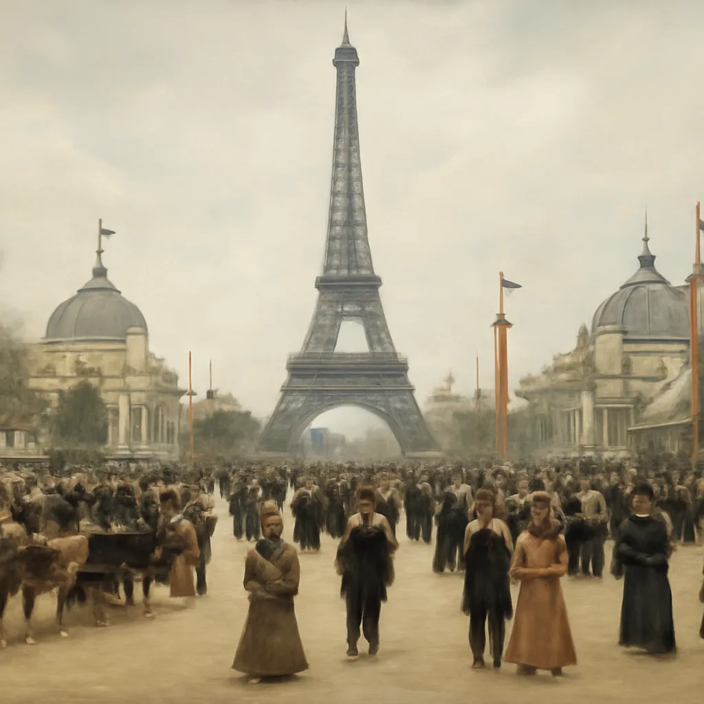 The Eiffel Tower in 1889 rising from the Champ de Mars with crowds and exhibition buildings nearby, viewed from a distance under overcast sky.