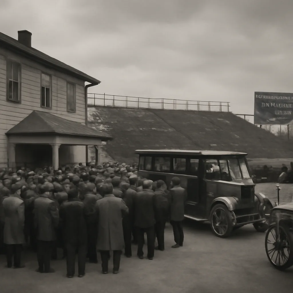 1919-1920 era baseball field and clubhouse exterior with a crowd and reporters gathered outside; period clothing and early 20th-century signage visible