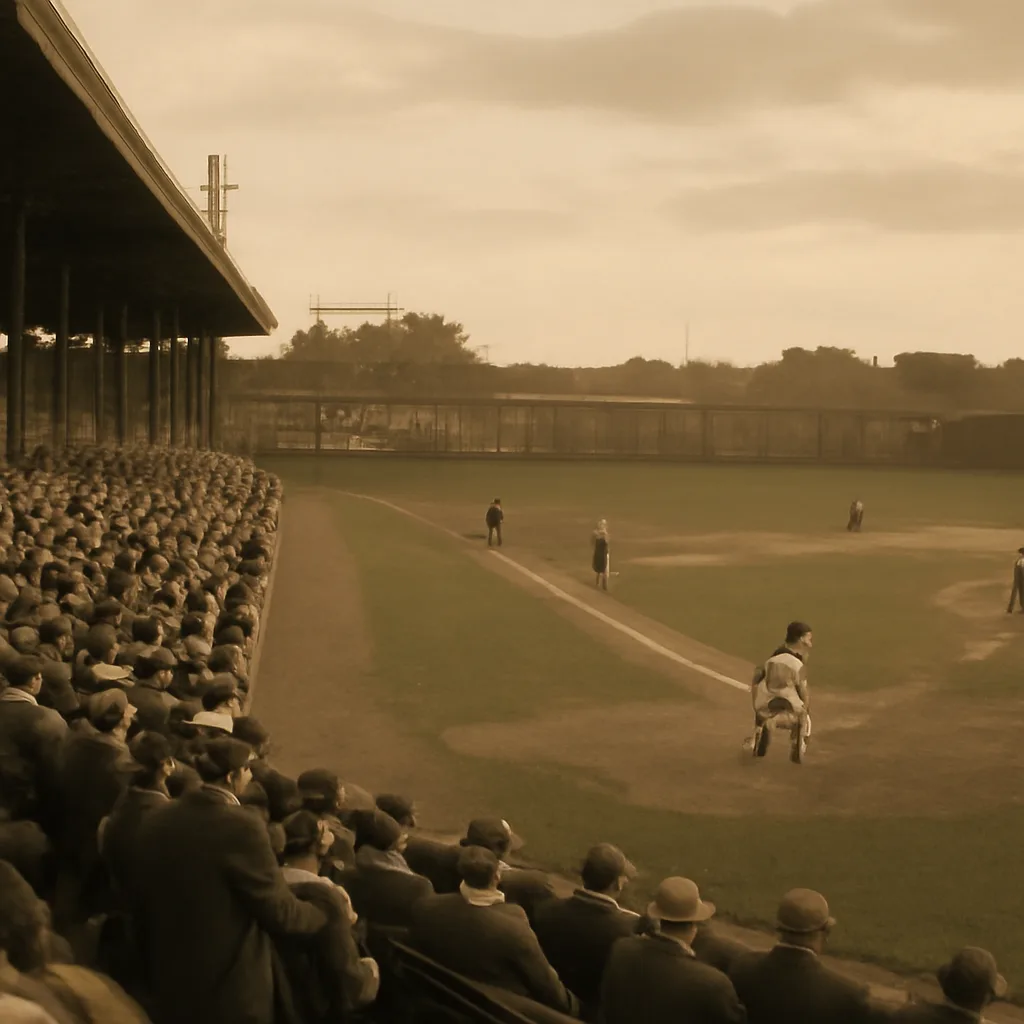 Early 20th-century baseball stadium interior with players in period uniforms on the field and a crowd in the wooden grandstands under gaslight-style lighting.
