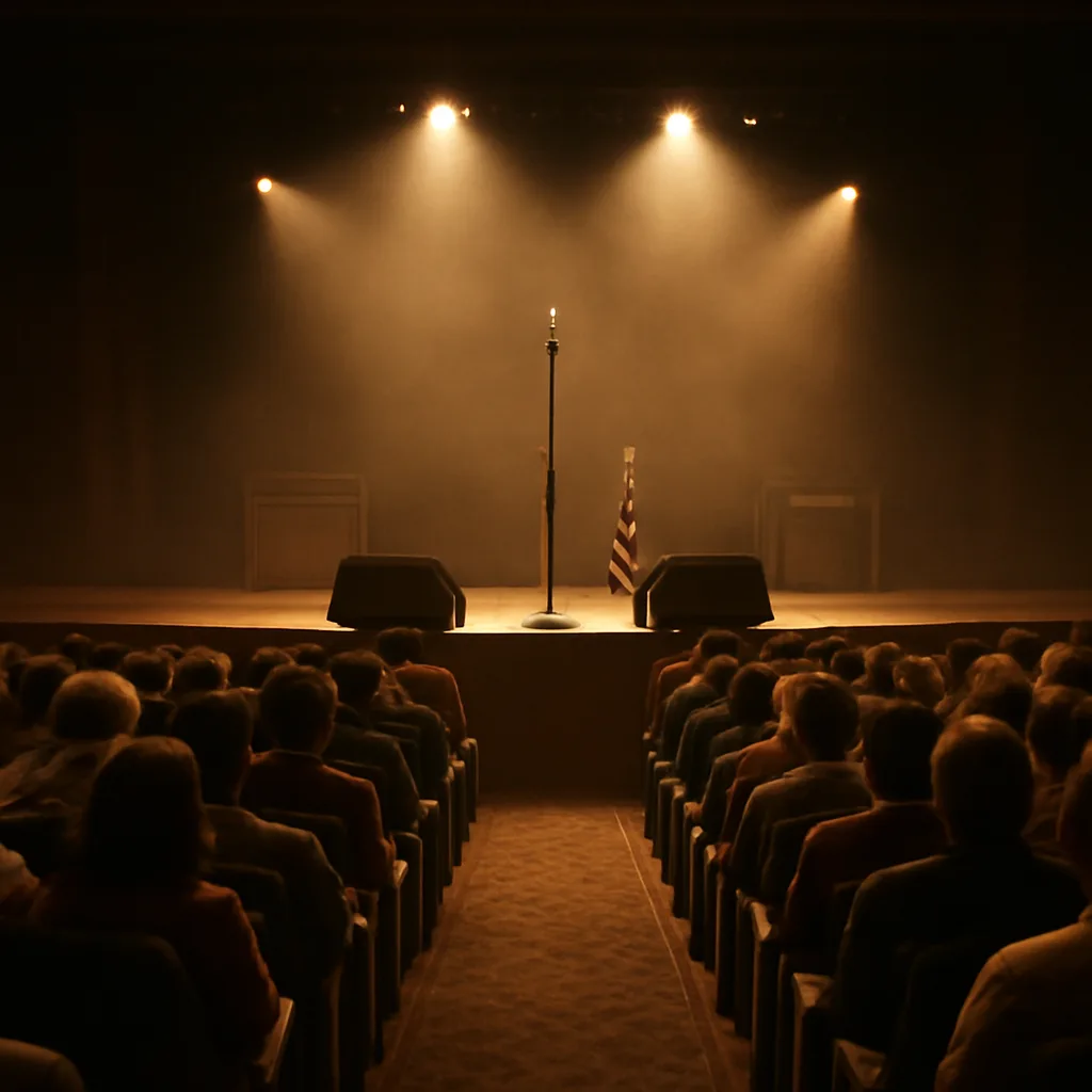 A packed indoor concert hall in the mid-1970s, stage lit with warm spotlights, microphone stand and electric guitar on stage, audience in period clothing looking toward the stage.