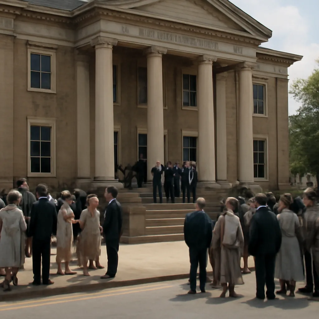 Crowd outside a Southern courthouse in mid-1960s attire, with federal agents and civil rights activists present; signs of tension in the crowd, no identifiable faces.