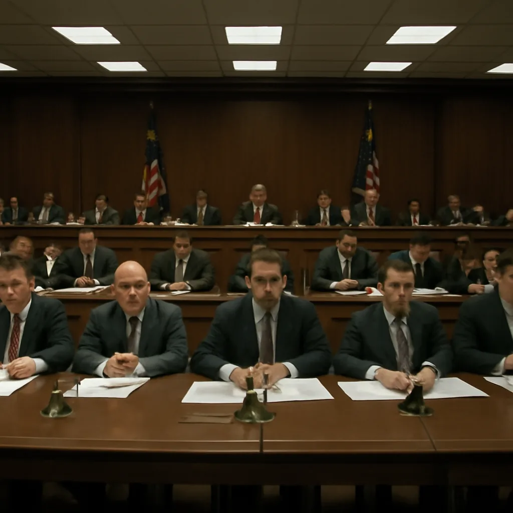 A congressional hearing room with a panel of executives at a long table before microphones and lawmakers in the audience; documents and folders on the table, flags and committee signage in the background.
