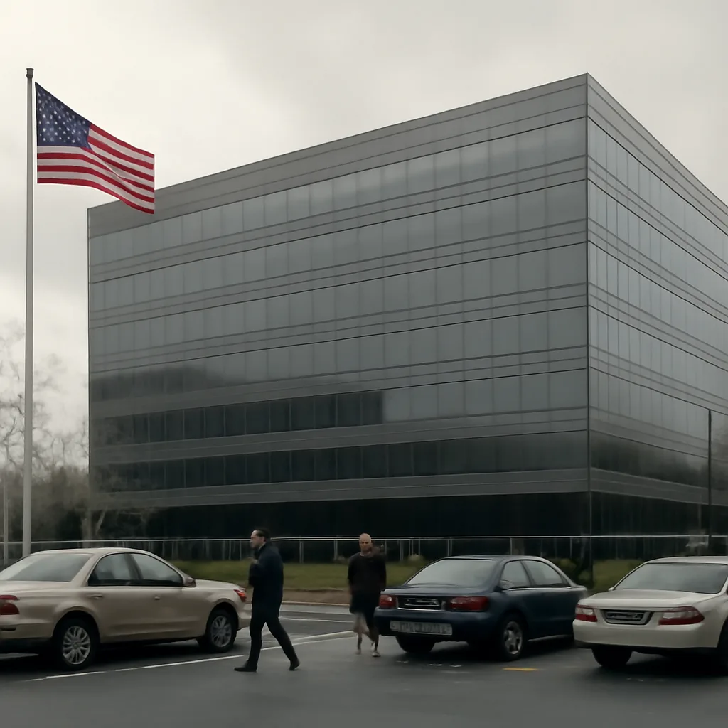 Exterior of a corporate office building with a reflective glass facade and an American flag outside, evoking a major energy-trading company in the early 2000s.