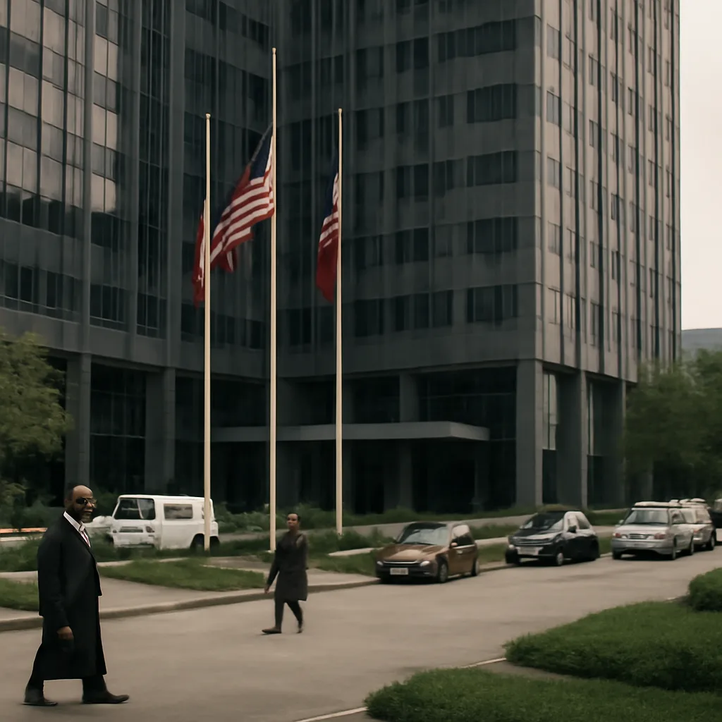 The Enron headquarters building in Houston with a corporate plaza and flagpoles, seen from a distance on a clear day, representing the company’s Houston base before its collapse.