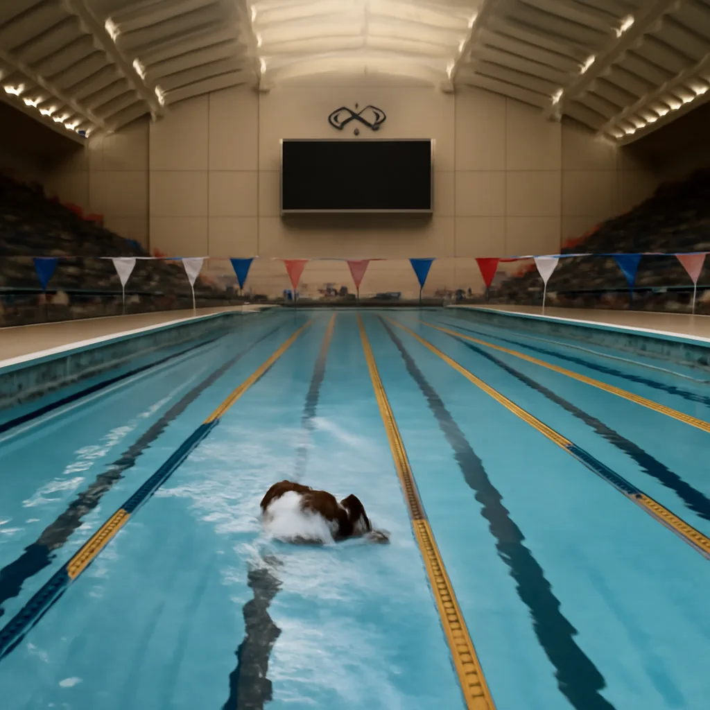 Eric Moussambani competing alone in an Olympic 50m pool during the Sydney 2000 Games, mid-race in a freestyle heat; empty lanes beside him and a timing board visible in the background.