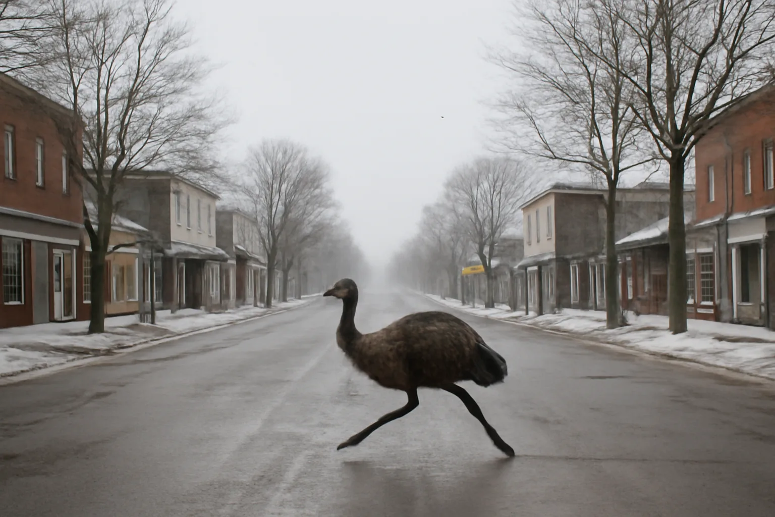 emu running swiftly through a quiet small town street with winter surroundings
