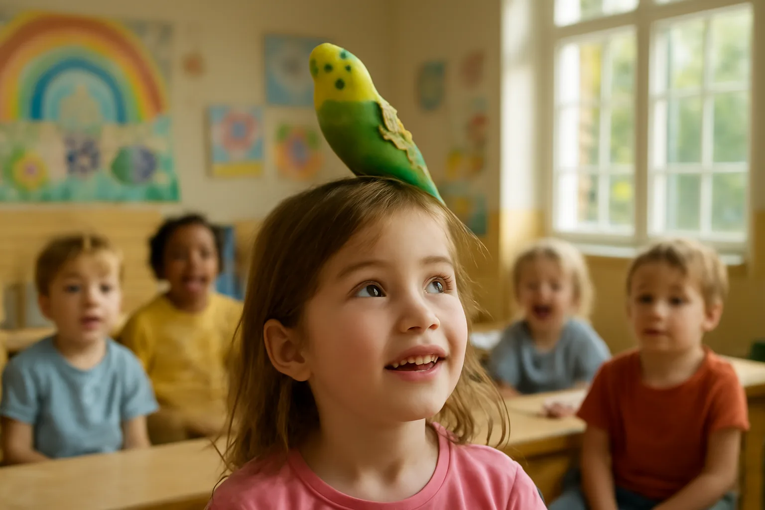 parakeet perched on a young girl's head inside a kindergarten classroom with children nearby