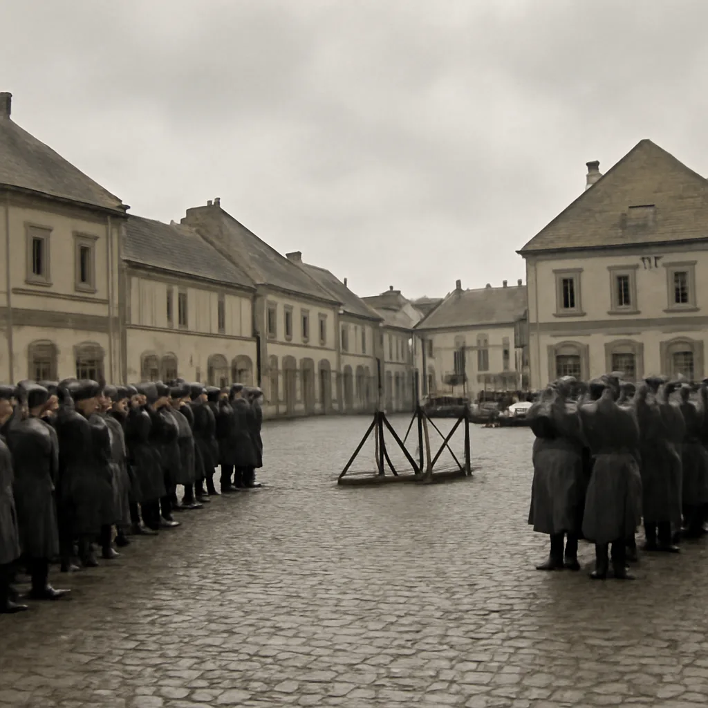 Early 20th-century town square with a small assembled crowd and soldiers in period uniform forming a firing line near a simple wooden platform; overcast sky, no identifiable faces.