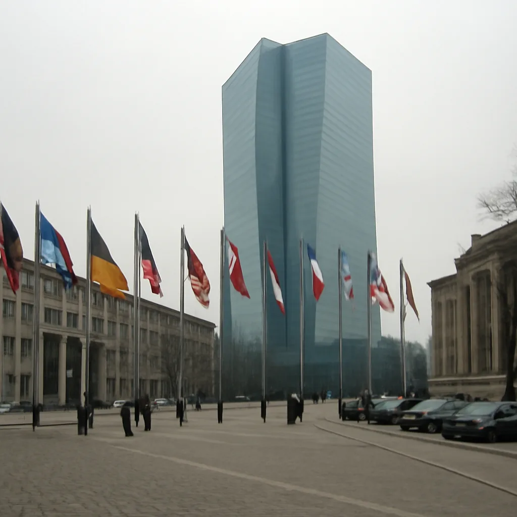 The European Central Bank headquarters building in Frankfurt, mid-sized institutional building with flags of European Union member states nearby; winter daylight.