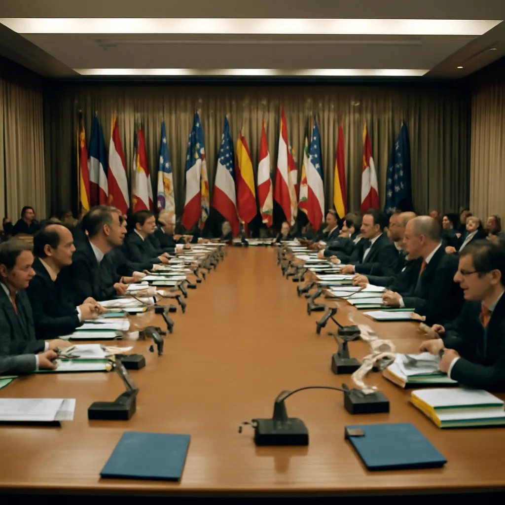 European Council meeting room with national flags and seated delegates during an early-2000s summit, focusing on a wide view of the chamber rather than individual faces.