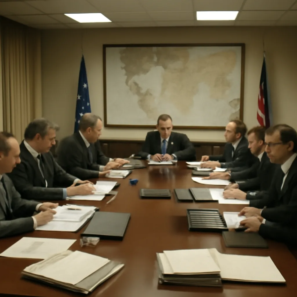 European finance ministers and central bankers seated around a conference table in a government meeting room, documents and laptops visible, reflecting an urgent crisis discussion in October 2008.