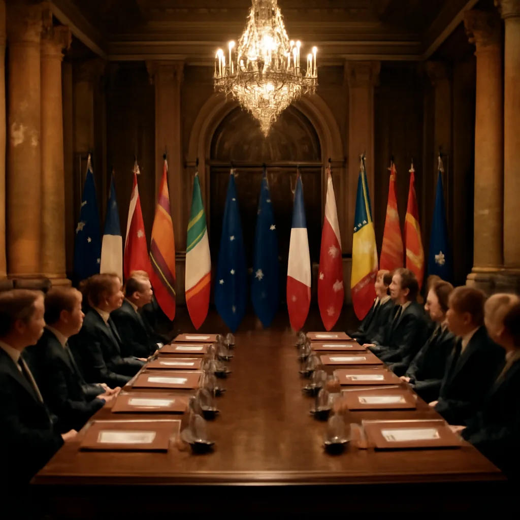 Delegation tables and flags of European Union member states on display in a large ceremonial hall in Lisbon during the signing of the Treaty of Lisbon, with officials and diplomats seated and documents on a central table.
