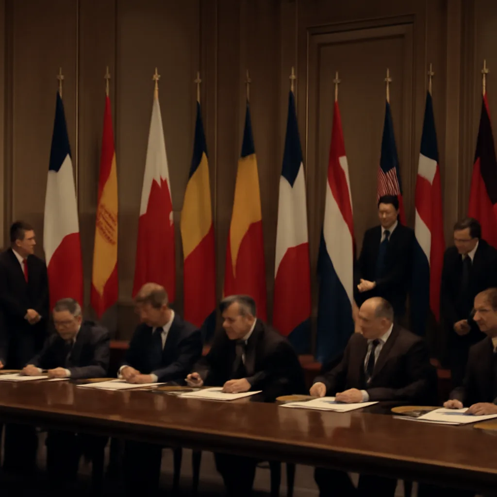 Delegates and flags in a formal conference hall as officials sign documents marking the 1992 treaty establishing the European Union framework.