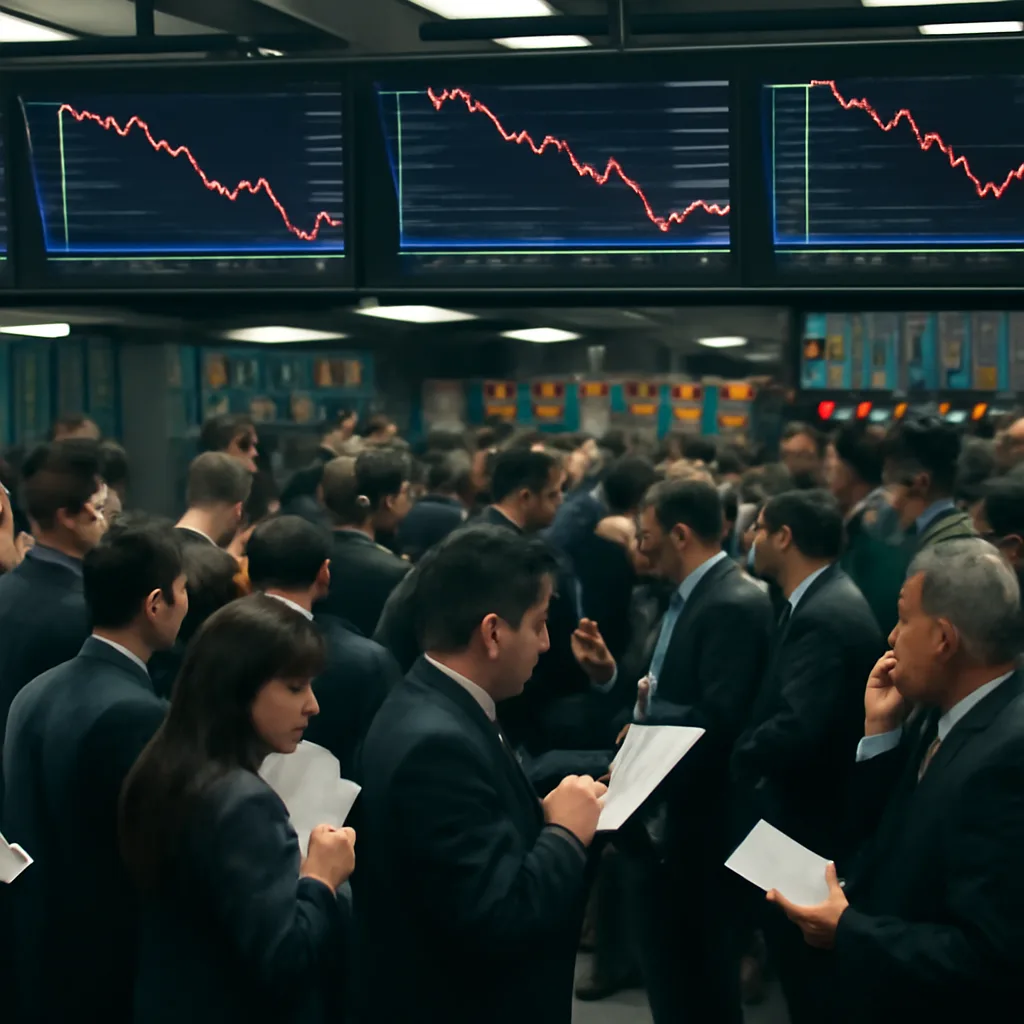 Traders on a European exchange floor watching large screens showing falling stock indices and bond yield charts during a market sell-off in November 2008.