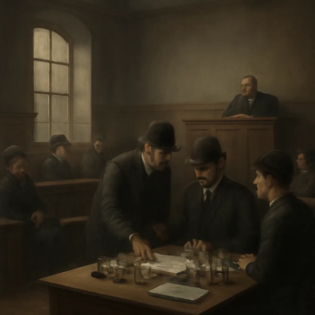A late 19th-century courtroom scene with investigators discussing chemical evidence and a judge presiding; attendees in period clothing, no identifiable faces.