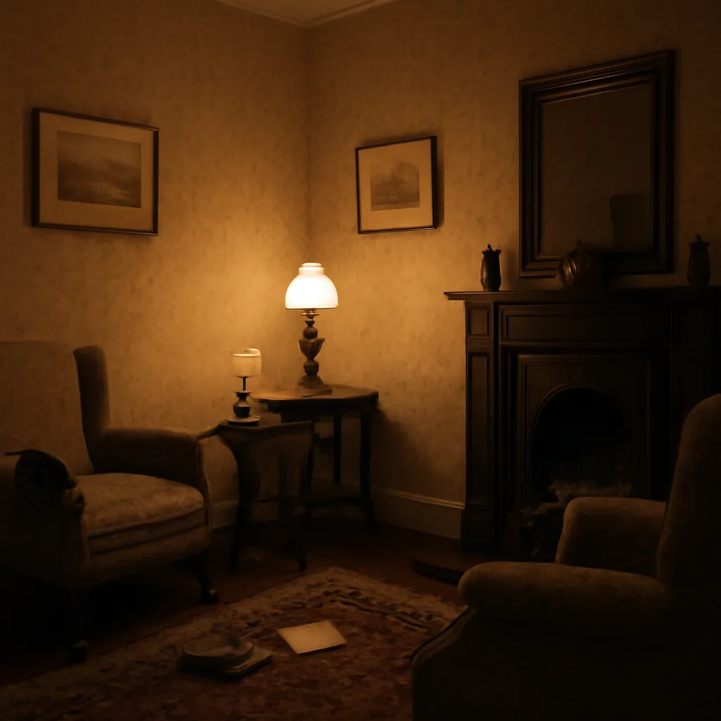Early 20th-century middle-class parlor interior with gas lamp, upholstered chairs and a small table with scattered household objects; an empty room suggesting prior disturbance.