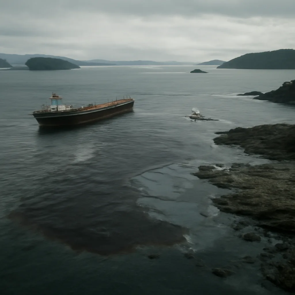 Aerial view of oil-slicked shoreline and tangled kelp near rocky islands in Prince William Sound after the Exxon Valdez grounding, with dark patches of oil on water and stained intertidal zones.