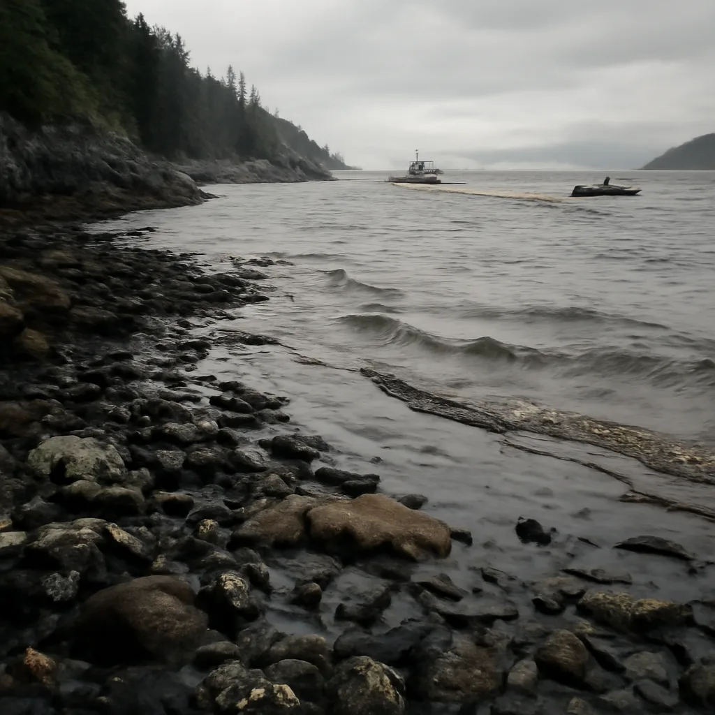 Shoreline of Prince William Sound stained with dark crude oil, with rocky intertidal zones and evergreen-covered hills in the background; small cleanup vessels and booms visible at distance.