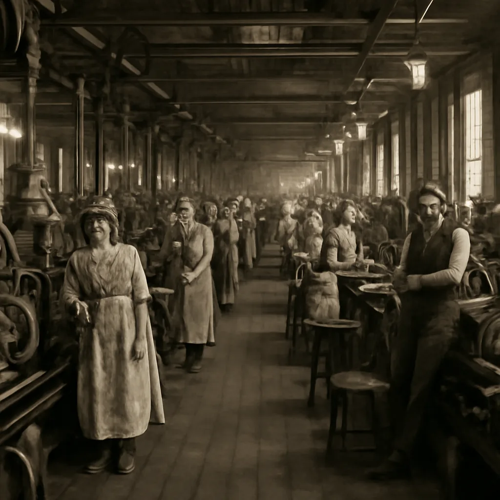 Early 20th-century factory floor with rows of machines and workers in period clothing, showing a crowded industrial interior and a tense atmosphere.