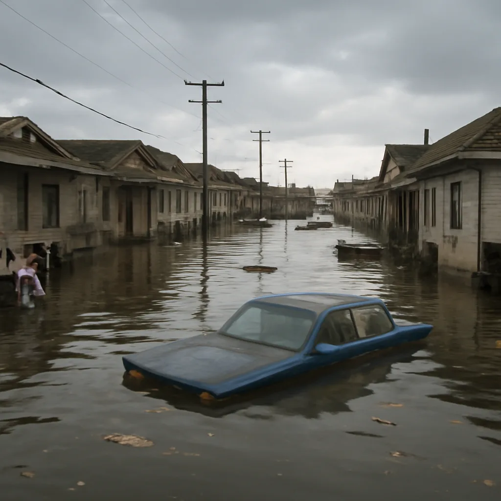 Flooded streets in New Orleans with stranded vehicles, waterlogged buildings, and people wading or waiting for assistance amid overcast skies, illustrating the immediate aftermath of Hurricane Katrina.