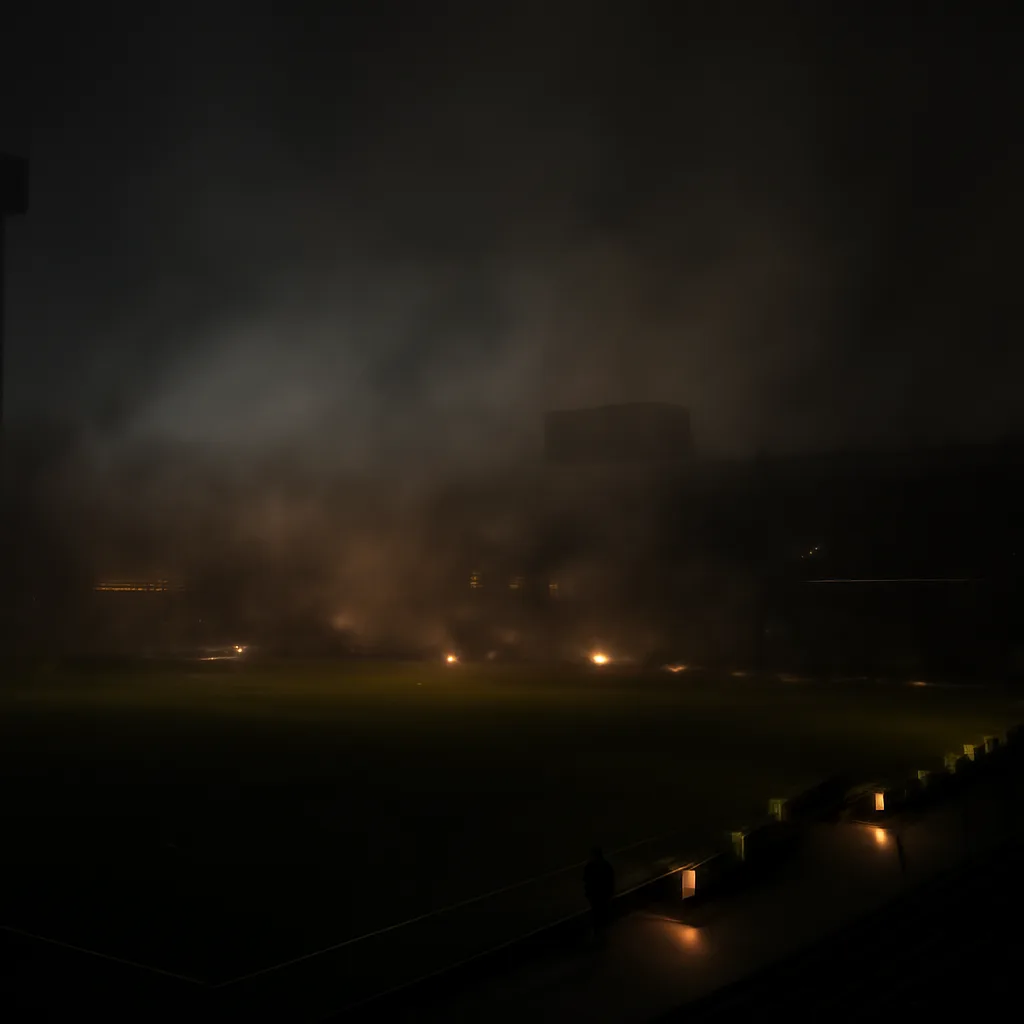 Night-time view of a large football stadium pitch darkened by a blackout, with silhouettes of stands and scattered emergency lights and stewards visible.