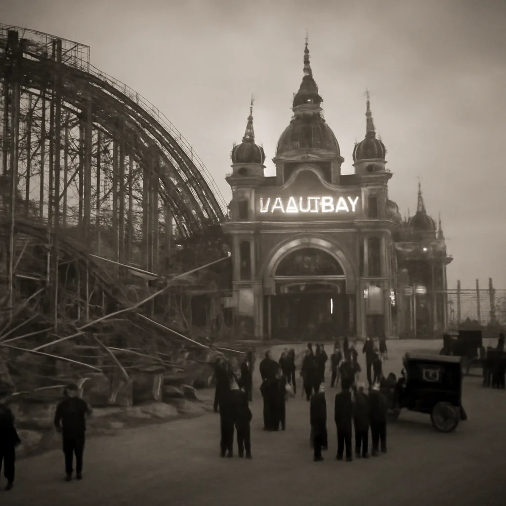 Early 20th-century wooden roller coaster structure at Luna Park, Coney Island, with crowd in period dress gathered below; damaged or collapsed section suggested but faces indistinct.