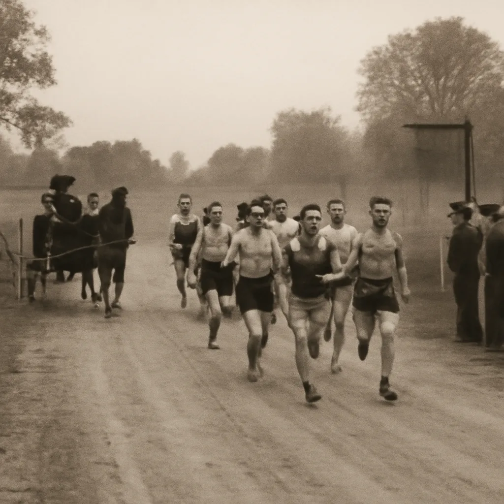 Early 20th-century road marathon scene showing runners in period athletic wear on a dusty country road with a small crowd and minimal medical presence.
