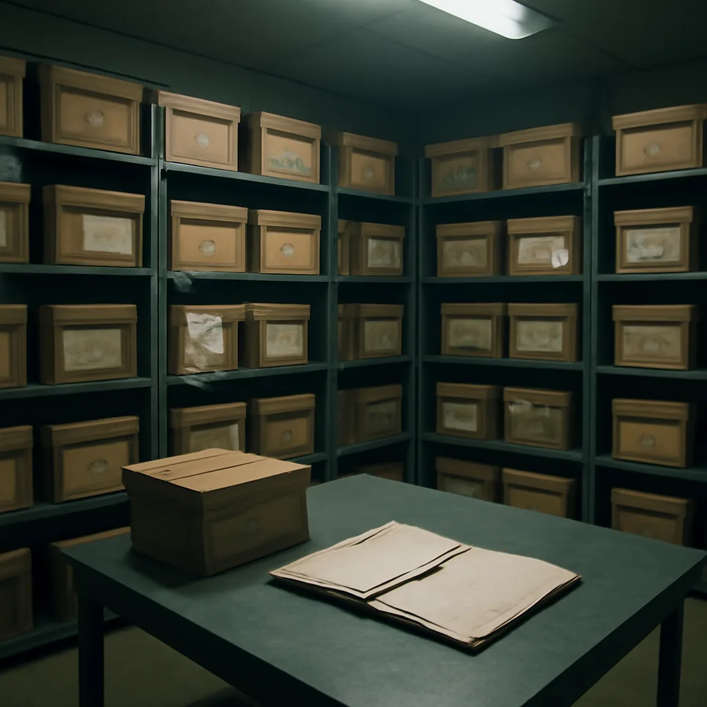 A mid-1990s urban police evidence room with labeled storage boxes, an evidence logbook on a metal table, and dated case files stacked on shelves.