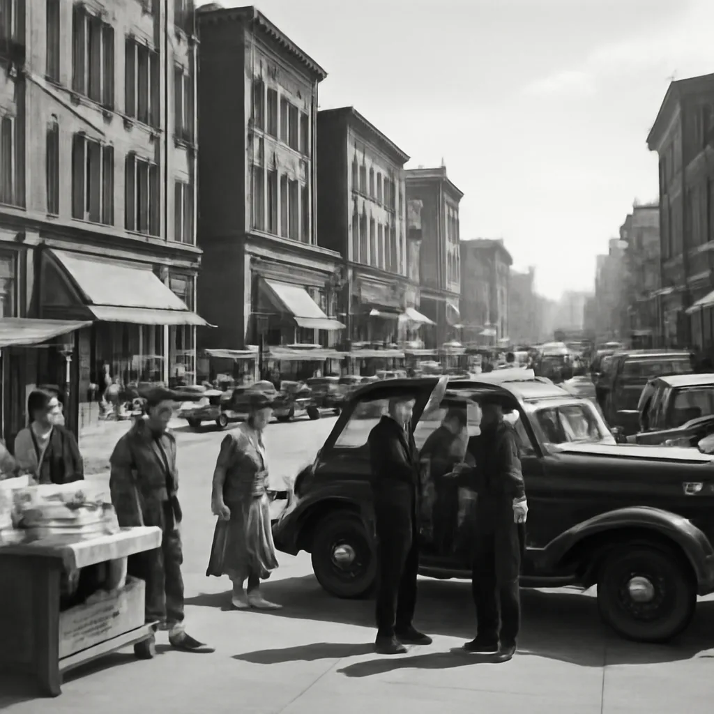 A 1930s Midwestern street scene with police cars and newspapers stacked at a vendor’s stand headlined about a bank robber; period automobiles and signage, no identifiable faces.