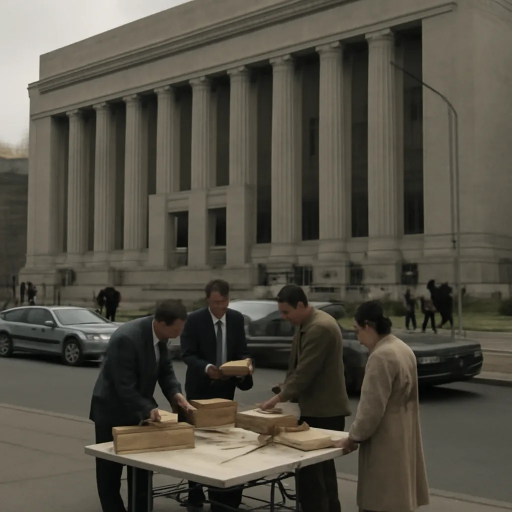 Investigators outside a courthouse in early 1990s dress examining documents and evidence boxes on folding tables, with parked squad cars nearby.