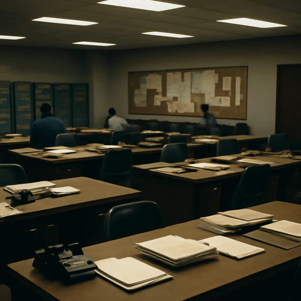 1980s FBI field office hallway with file cabinets and case files stacked on a desk, research materials and a telephone—no identifiable people.