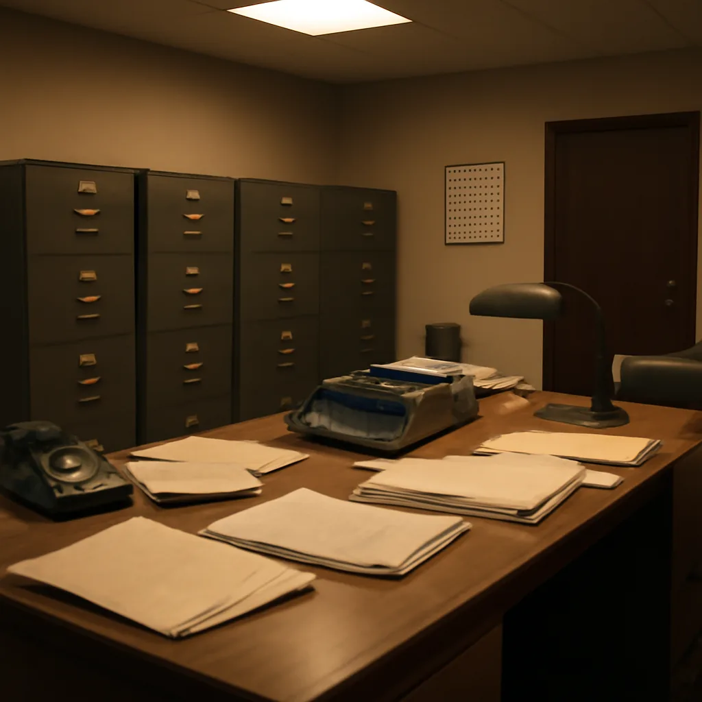 Archivally styled wide shot of a 1970s office with file cabinets, paper files, and a rotary telephone, conveying government record-keeping and surveillance activity of the era.