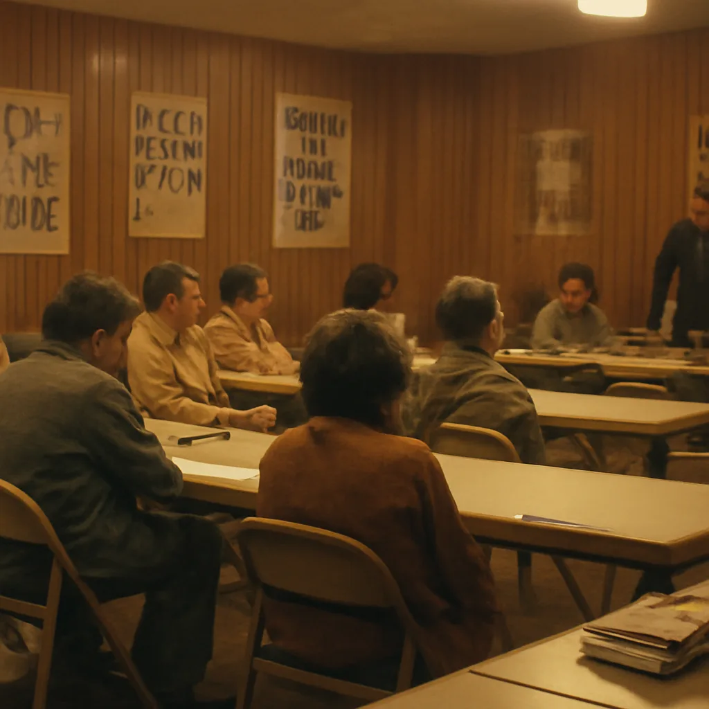 A 1970s protest meeting in a dimly lit community hall with people seated in folding chairs and posters opposing the Vietnam War on the walls; no identifiable faces.