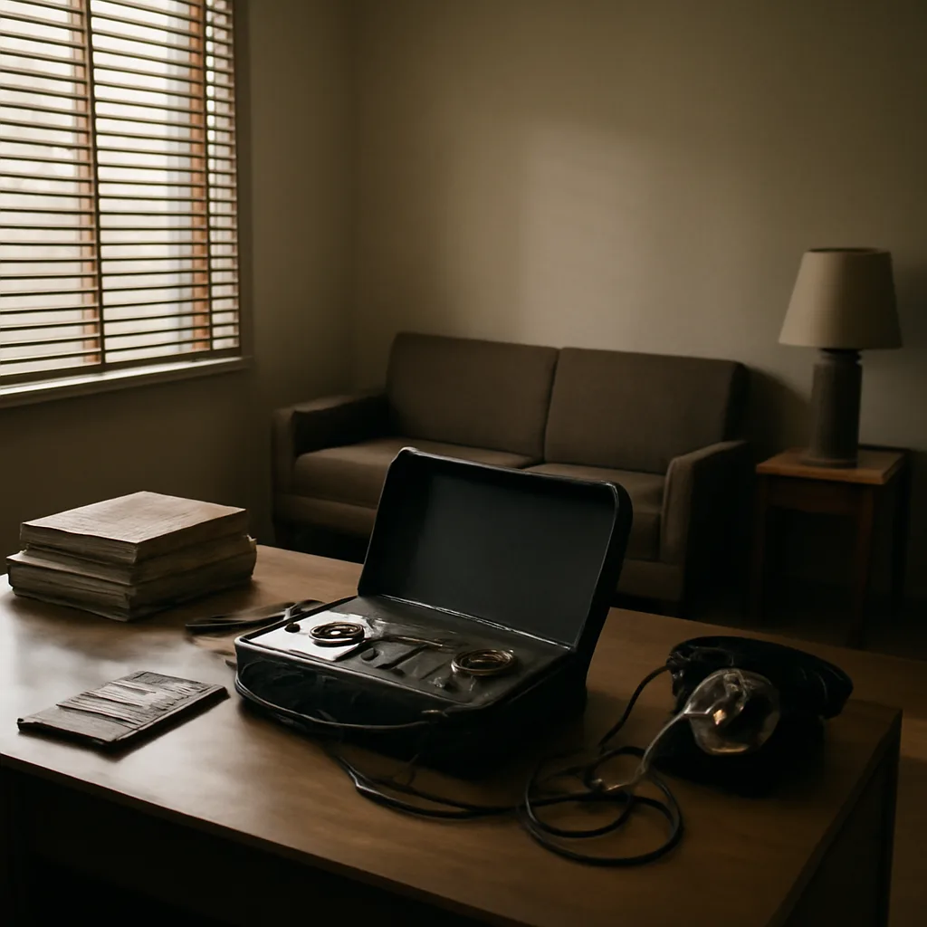 A 1960s-era living room or office with period furniture, a rotary telephone on a table, and surveillance equipment such as an old reel-to-reel tape recorder and microphones nearby; documents and newspapers about civil rights visible on a desk.