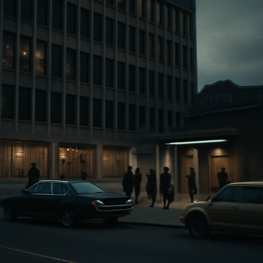 1970s newsroom exterior and federal office building at dusk, showing period cars and architecture; no identifiable faces.