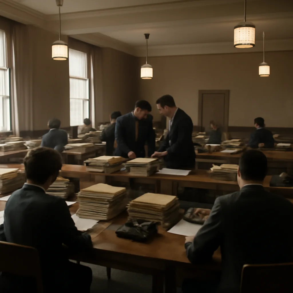 1960s courtroom or federal office scene with investigators and stacks of file folders, capturing mid-20th-century decor and clothing without identifiable faces.