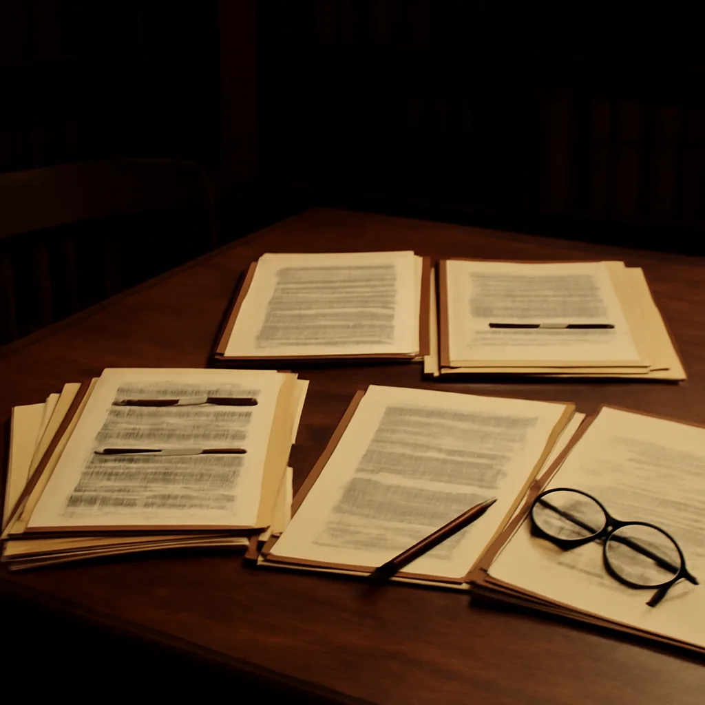 Stacks of archival folders and declassified FBI memos laid out on a table, dated 1972–1974, with a government document stamp visible but names redacted.