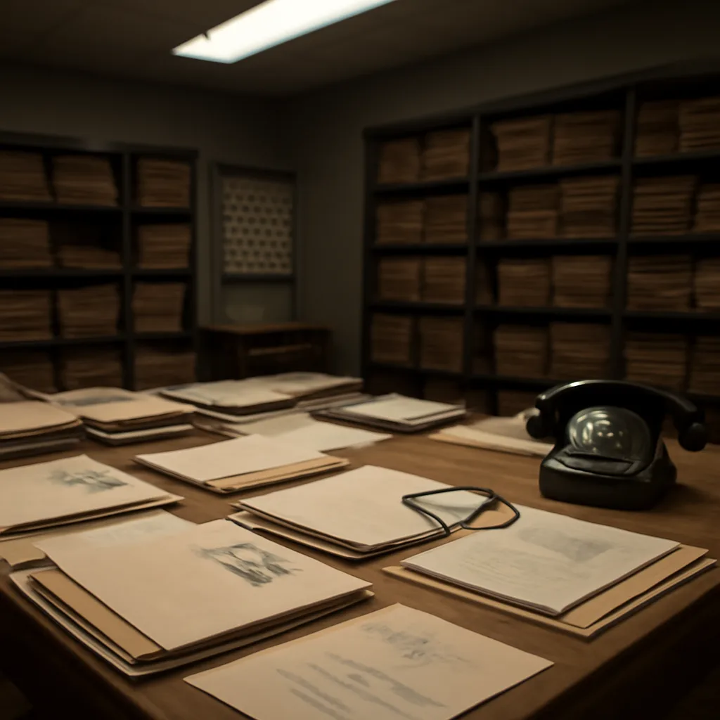 Historic 1960s-era newsroom and government records on a table, with classified folders and typed memos visible (no identifiable faces).